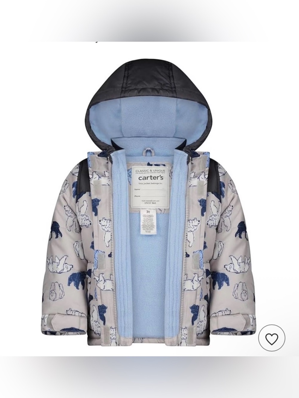 Carter's toddler Boys' Heavyweight snow Jacket outerwear , Grey Bears sz 3T